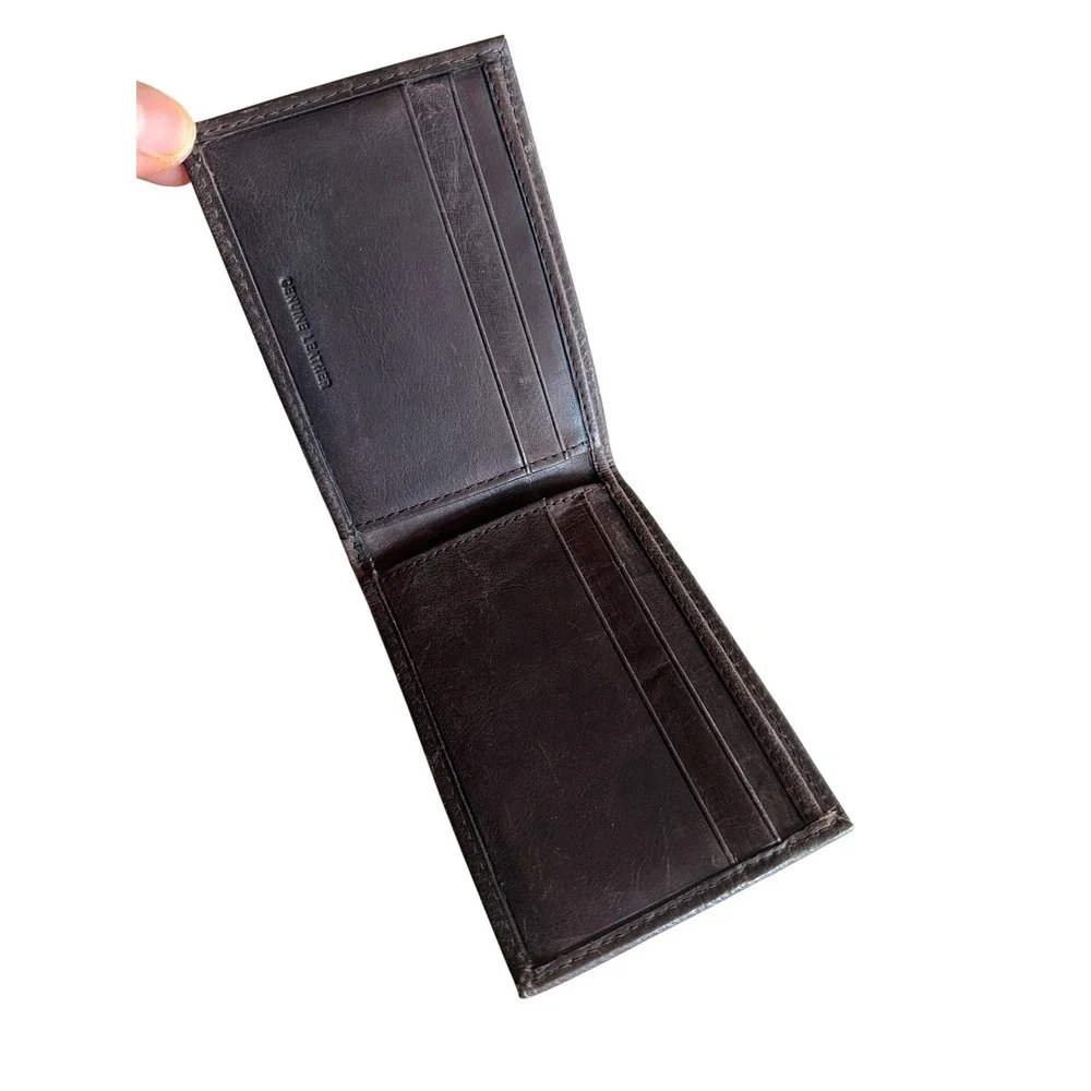 Bifold Wallet‎ Green Plaid Fabric Brown Genuine Leather 6 Card Slots